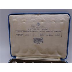 Set of six 1930s silver 'British Hallmarks' spoons by Roberts & Belk Ltd, each depicting a different British hallmark, dated 1935, in fitted case