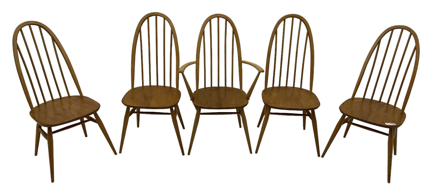 Ercol - set if five (4+1) elm and beech 'Windsor' dining chairs, high hoop and stick back, on tapering splayed supports united by H stretchers 