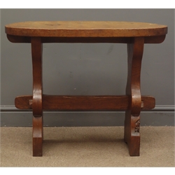  'Gnomeman' oval adzed rectangular oak table, shaped end supports with pegged centre stretcher, carved with signature gnome by Thomas Whittaker of Littlebeck. W77cm x D43cm, H62cm  