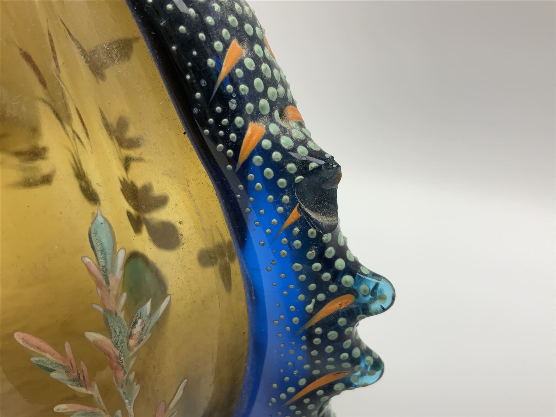 Pair of 19th century glass vases in the style of Auguste Jean, of bulbous form with lobed rim and applied blue glass zoomorphic handles, painted with enamel flowers, dragonflies and swans, upon four blue glass feet, H26cm