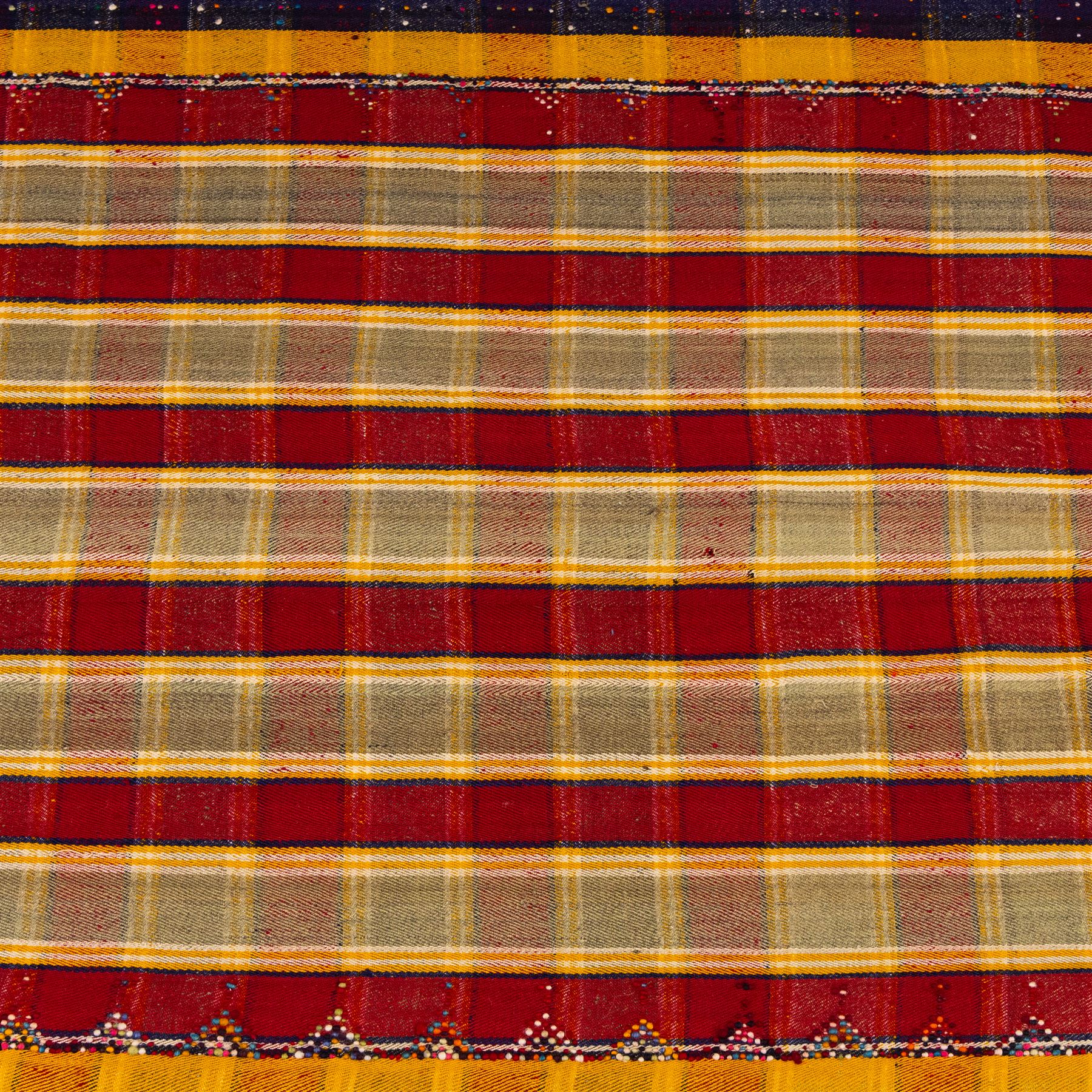 South West Persian Jajim flatweave kilim, field with alternating vertical bands of red, yellow, navy and pale green, decorated with geometric and polychrome raised pile accents, fringe ends 