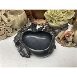 Collection of hardstone and soapstone, including hardstone seal carved temple dogs finial, inscription on base, together with inkwells, vases etc  