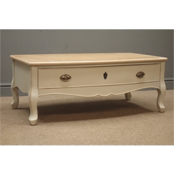  French style coffee table, oak top, painted finish, two bow front drawers either side, shaped apron, cabriole legs, W104cm, H41cm, D61cm  