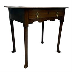George III oak and elm low-boy, rectangular top with moulded edge, fitted with single drawer cast brass drop handles, shaped apron over cabriole supports terminating in pointed feet