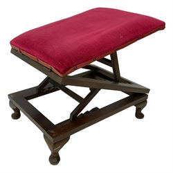 Early 20th century oak framed metamorphic gout stool, red upholstered seat