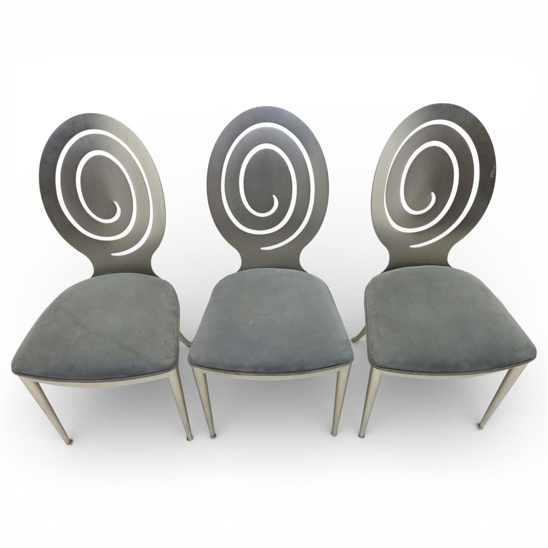 Ethan Allen - 'Radius' pair of stools and three chairs, metal pierced back with spiral cut out, plush blue velvet seat, raised on metal tapering supports