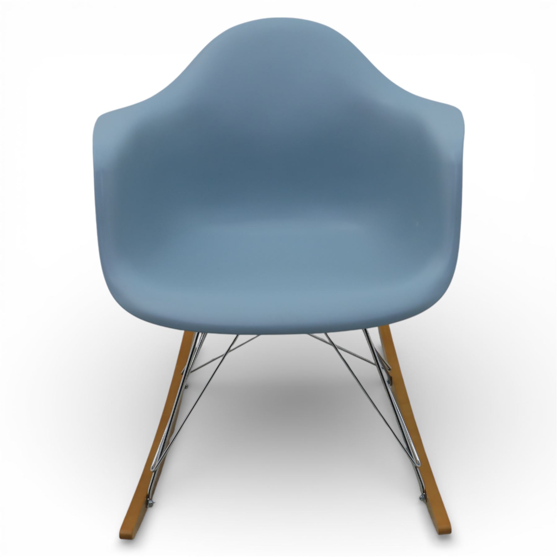 Vitra - RAR rocking chair, moulded plastic shell in ice grey with integrated arms, raised on chrome wire supports with stained wooden rocking runners