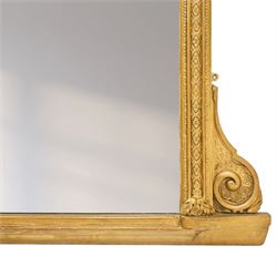 Large Victorian giltwood and gesso pier mirror, plain rectangular mirror plate enclosed by moulded frame with egg-and-dart cornice, foliate frieze and classical caryatid uprights, the lower corners decorated with scrolling acanthus, on shaped plinth base