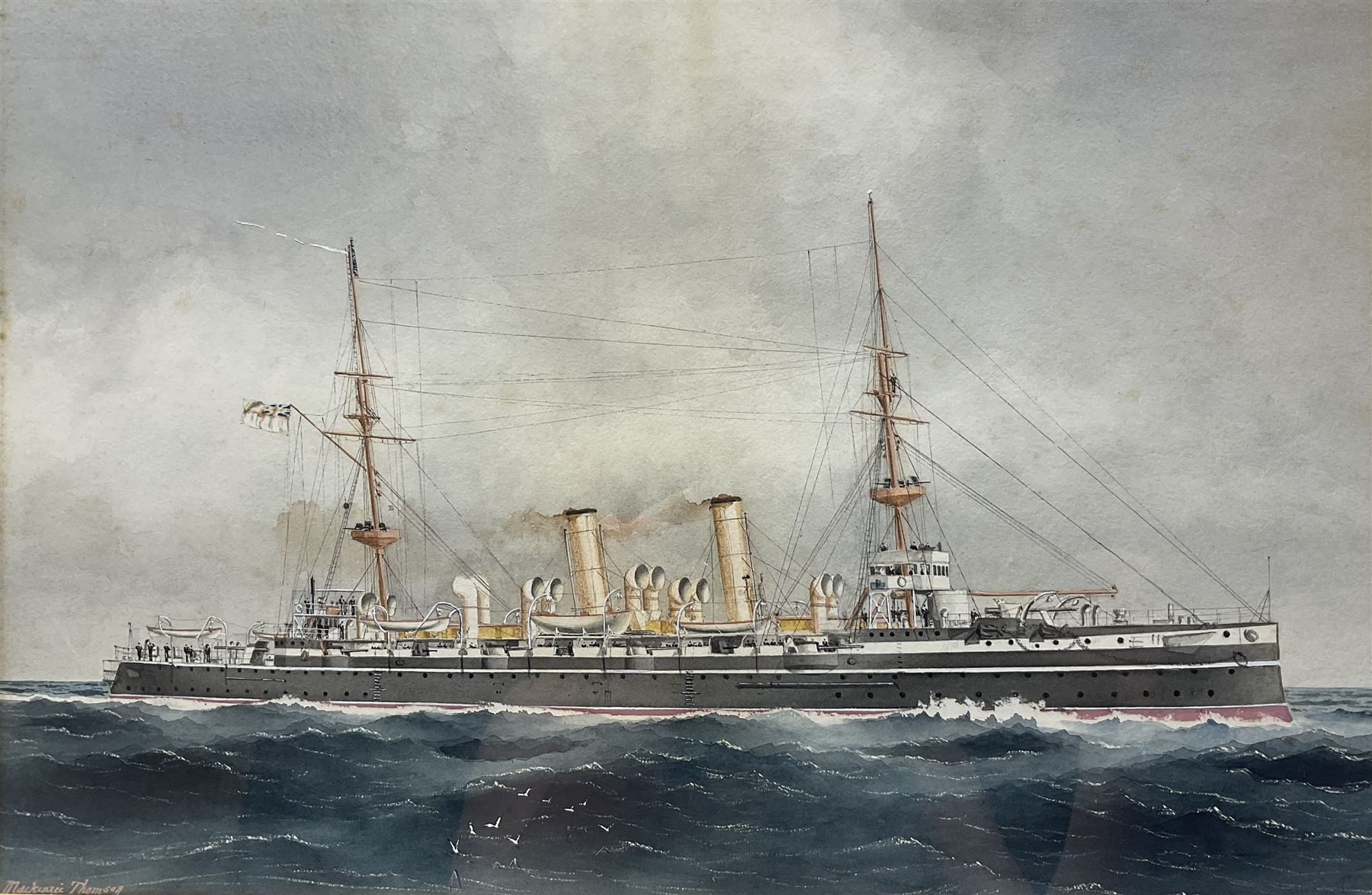 William Mackenzie Thomson (British late 19th century): 'HMS Minerva' - Royal Navy Eclipse-class Cruiser at Sea, watercolour signed, titled and dated 1899 on the mount 30cm x 45cm