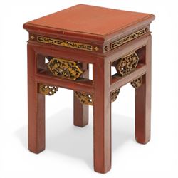 Early 20th century Chinese red lacquered occasional table, rectangular top over a pierced ...