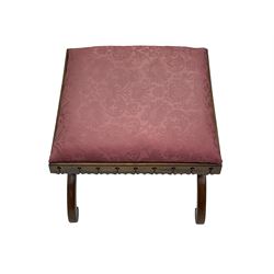 20th century mahogany rectangular footstool, needlework upholstered drop-in seat, on ball and claw carved feet (W81cm, D35cm, H34cm); 19th century elm stool, needlework upholstered drop-in seat, on square moulded supports united by plain stretchers (W45cm); 19th century walnut stool, shaped top upholstered in needlework, on cabriole supports (W50cm); 19th century rosewood stool, upholstered drop-in seat, on curved x-framed supports united by turned stretcher (W47cm)