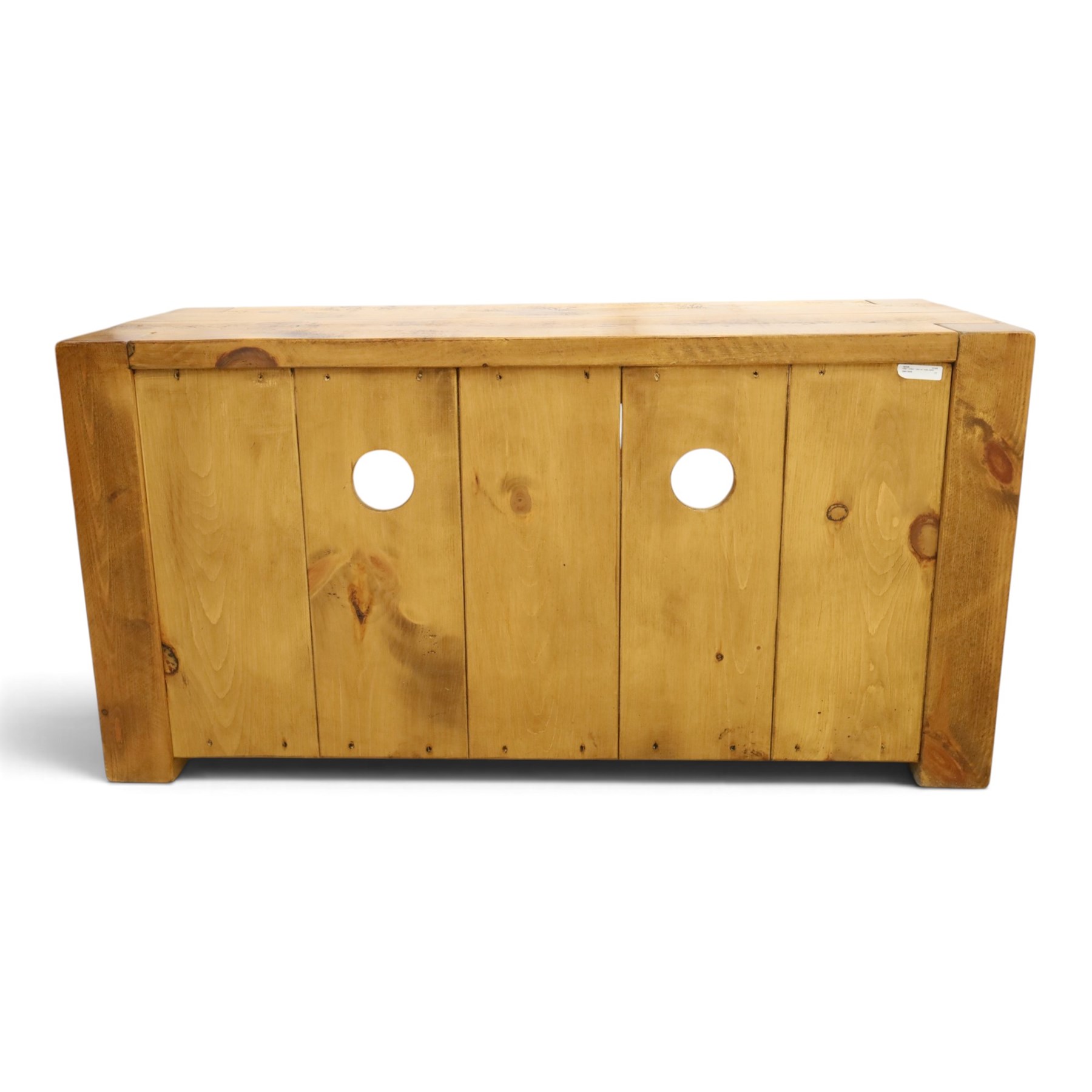 Indigo Furniture - rustic oak media cabinet, rectangular top over open shelf, two drawers fitted to base
