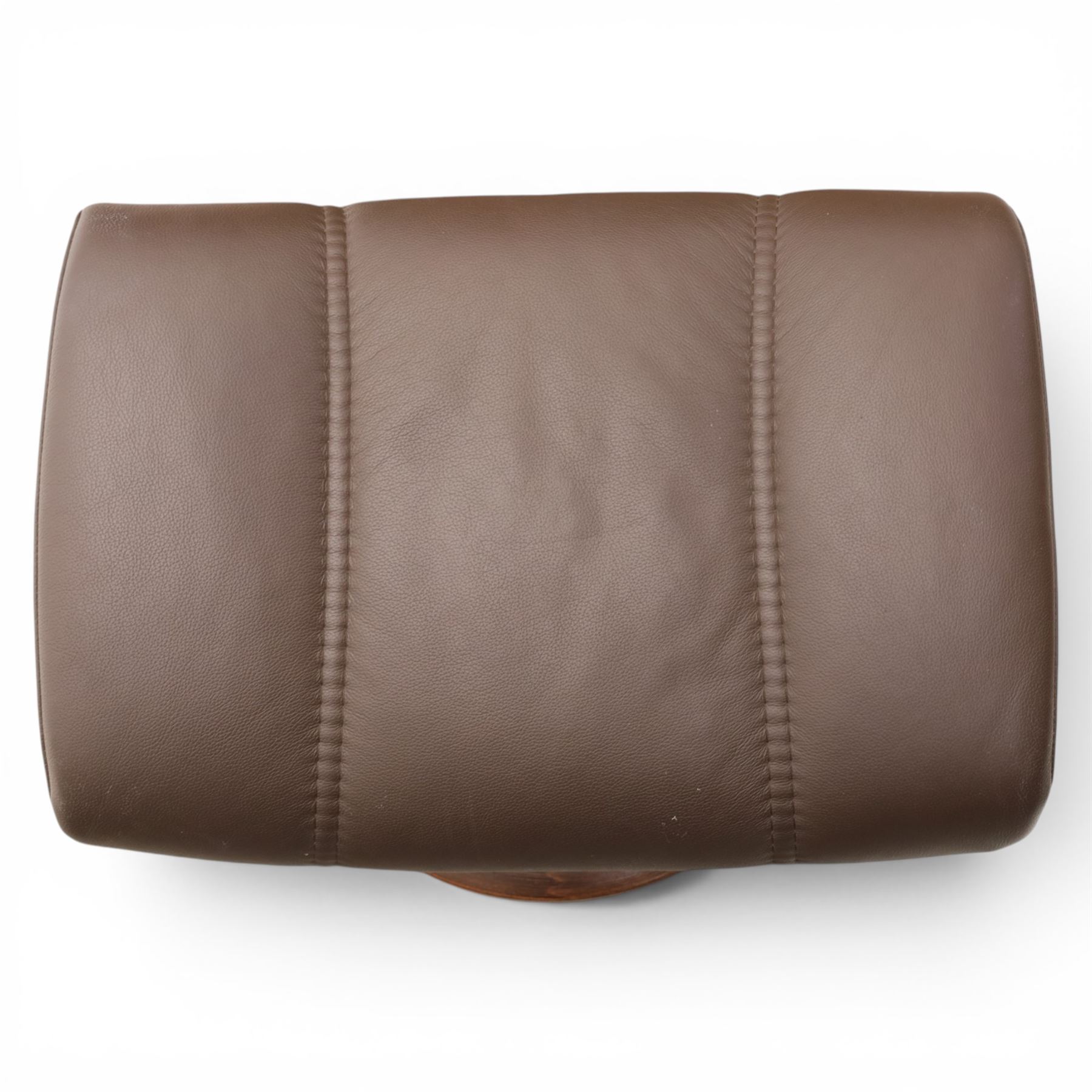 Ekornes - Stressless medium brown leather recliner swiveling armchair and stool, brown leather recline with stitching, together with a matching stool, on a round base
