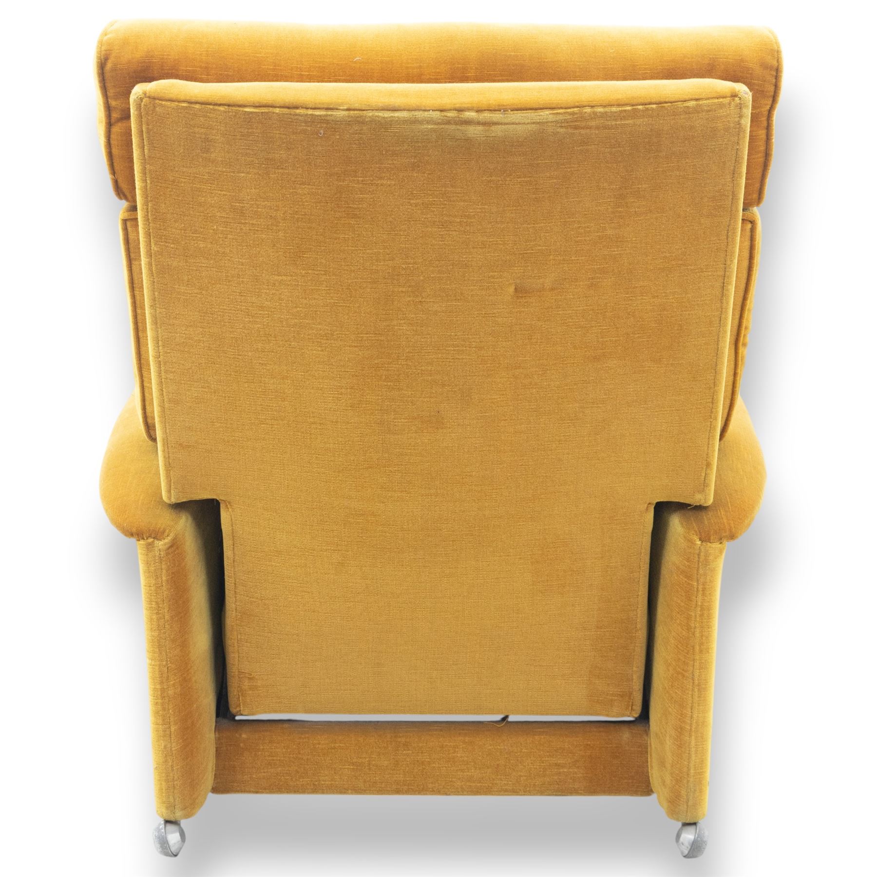 Parker Knoll - Golden yellow velour recliner, raised on castors