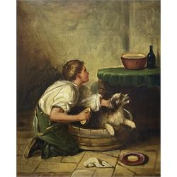 English School (20th Century): Young Boy washing a Dog, oil on canvas unsigned 29cm x 24cm 