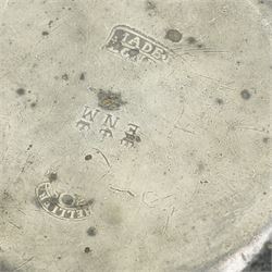 Collection of early 19th century and later British pewter, mostly London label marks, including two large pewter chargers, medicine spoon, flasks, plates and other tableware