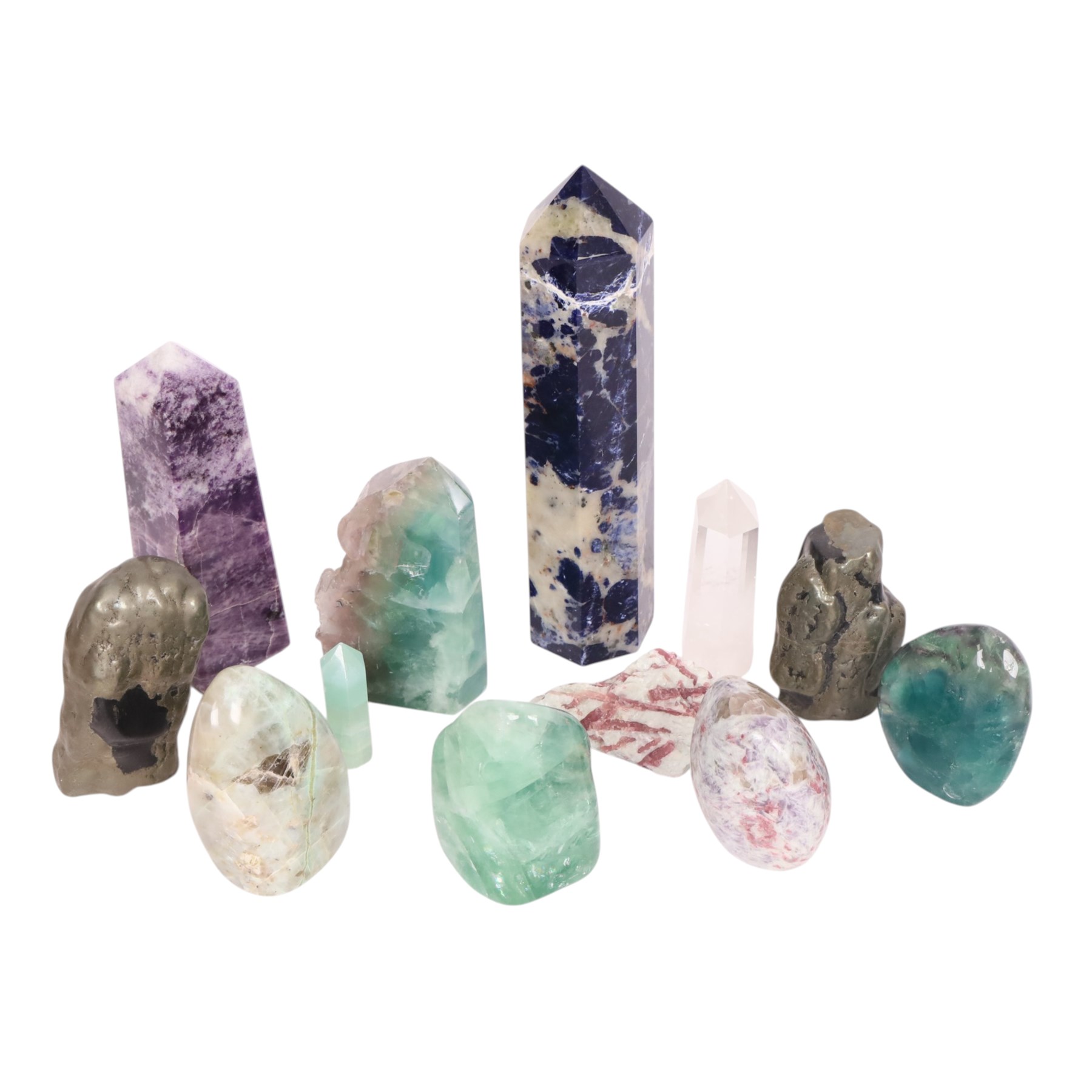 Large sodalite obelisk, together with rubellite specimen, polished fluorite and other polished specimens, sodalite obelisk H25cm  