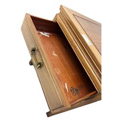 Chinese hardwood end table, rectangular form fitted with double cupboard, enclosed by panelled doors, on scroll carved supports (W51cm, H56cm, D66cm); Chinese hardwood end table, rectangular form fitted with single drawer over under tier (W51cm, H56cm, D66cm)