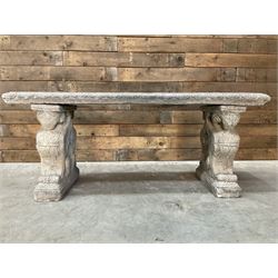 Cast stone garden Rams Head bench, two p