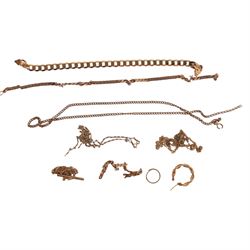 9ct gold jewellery and oddments, comprising chains, bracelets and single earrings