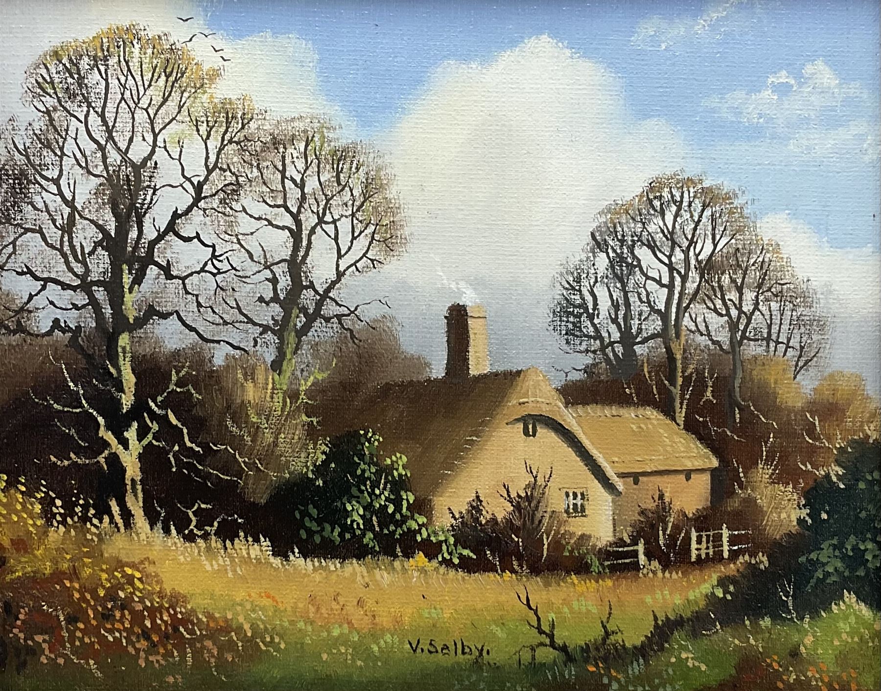 Vincent Selby (British 1919-2004): Cottage in the Woods, oil on board signed 15cm x 19cm