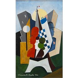 Jean Lambert-Rucki (Polish 1888-1967): Cubist Parisian Street Scene, oil on panel signed 1924, bears artist's studio sale stamp signature and date verso 35cm x 21.5cm