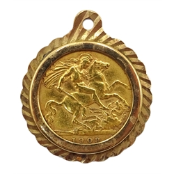  1908 gold half sovereign, loose mounted in 9ct gold pendant hallmarked  