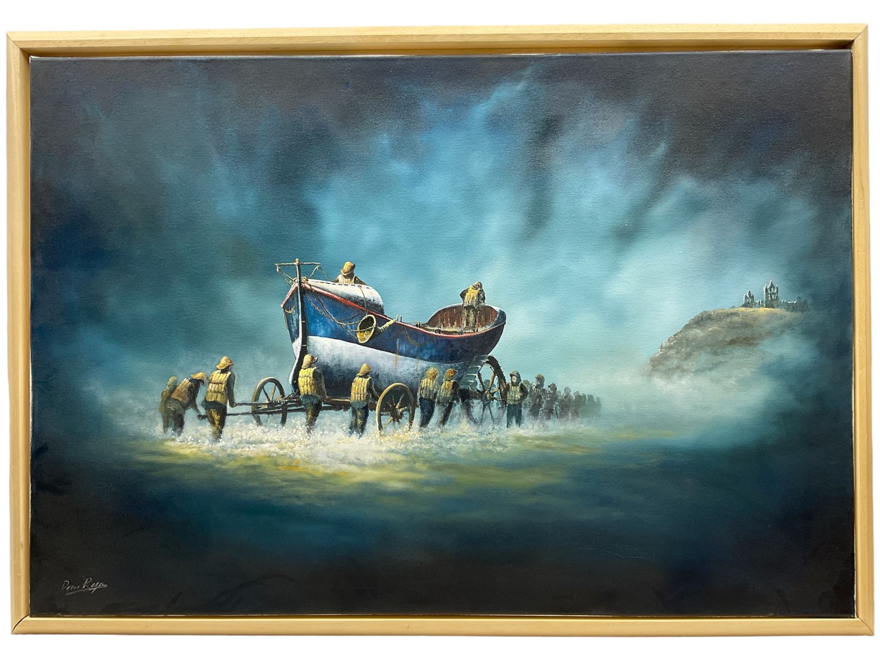 Dean Regan (Northern British 1960-): The Launching of the Robert and Mary Ellis Lifeboat at Whitby circa 1890, oil on canvas signed 75cm x 111cm 