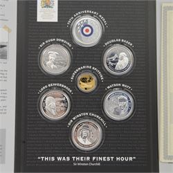 The London Mint Office 'Their Finest Hour The Official Battle of Britain 75th Anniversary Commemoratives' seven medallion set, including 9ct gold 6.4 grams proof commemorative, housed in a folder with certificates