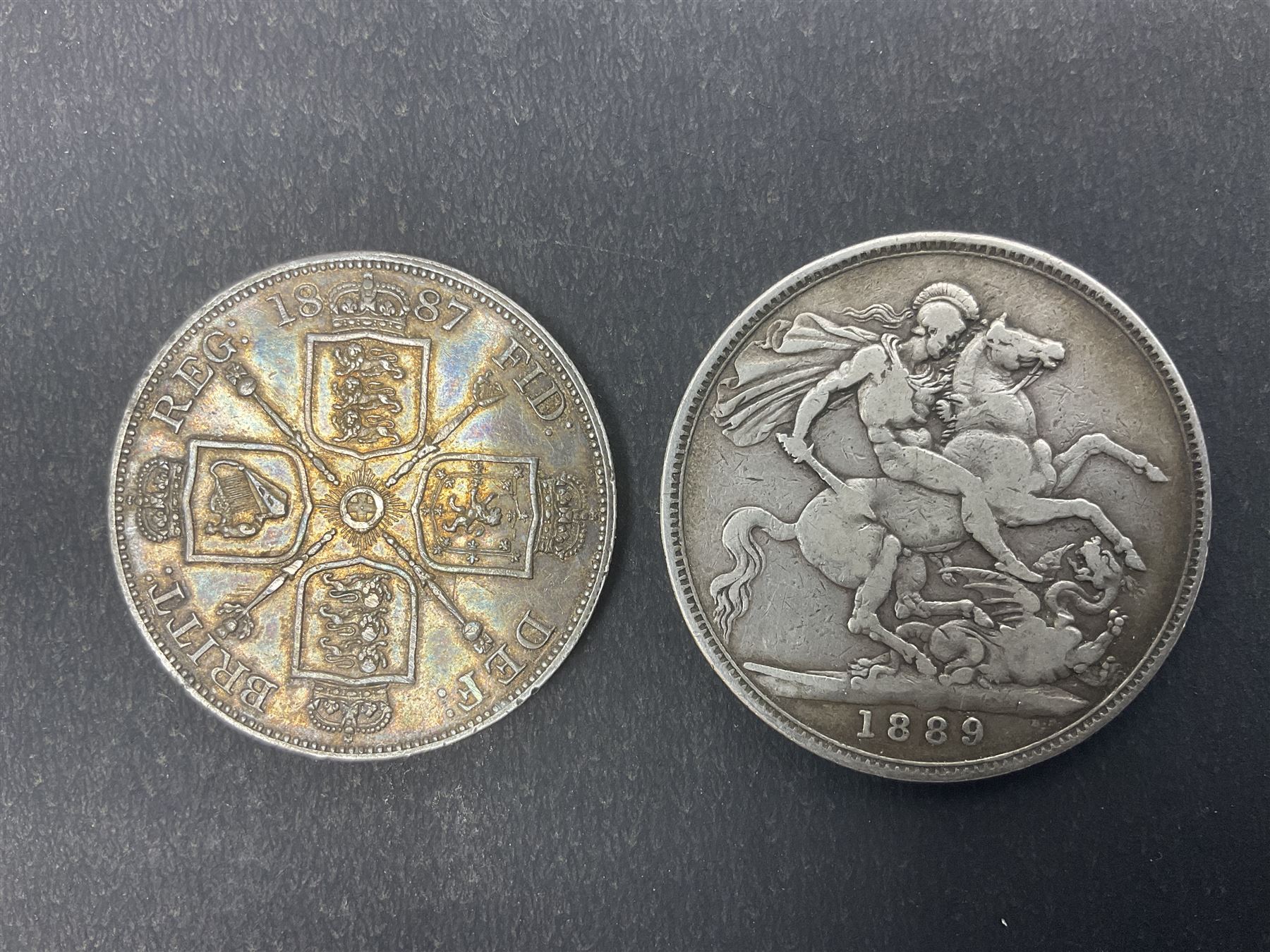 Queen Victoria 1889 silver crown coin, two double florins dated 1887, 1890 and a George III crown with illegible date (4)