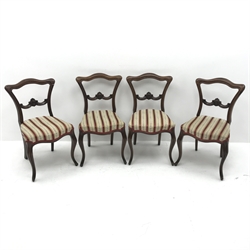 Set four 19th century rosewood chairs, shaped resting rail, carved detailing, serpentine upholstered seat, cabriole legs, W47cm