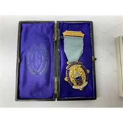 Group of predominantly Masonic Jewels of Office, to include silver, and silver gilt and enamel examples, mostly 1950's and 1960's in date, etc. 