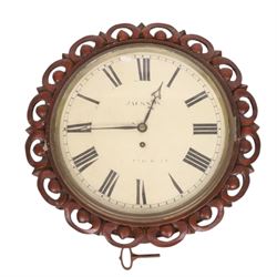 Mahogany wall clock, painted dial signed Johnson London , D42cm