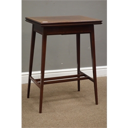  Edwardian mahogany card table, moulded swivel fold over top with satinwood banding, baize lined interior, square tapering splayed supports with stretchers, boxwood stringing, 54cm x 38cm, H73cm  