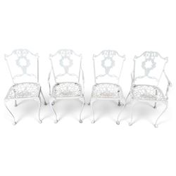 Regency design white-painted aluminium garden table, square pierced top with scrolling acanthus leaf decoration, splayed supports joined by pierced circular under-tier (W75cm H72cm), the chairs with scrolling and floral garland design backs over pierced foliate seats with cabriole supports (W48cm H90)