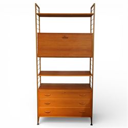 Staples - 'Ladderax' wall mounted modular teak unit, comprising two shelves, a fall front ...