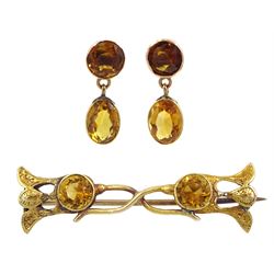 Early 20th century gold citrine brooch and pair of gold citrine pendant stud earrings