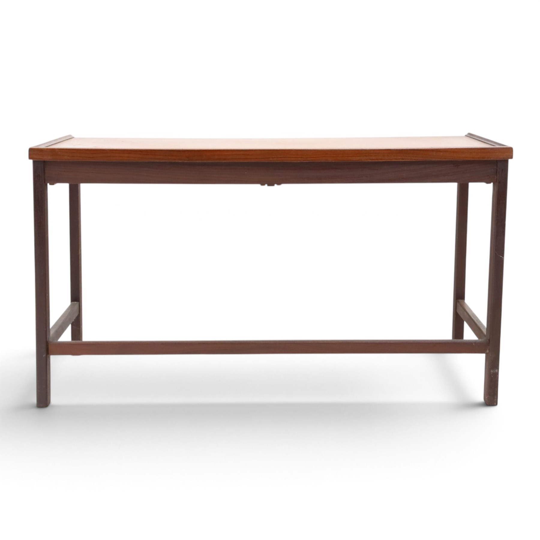 Danish mid-20th century teak small console table, fitted with two baize lined drawers, raised on square supports united by stretchers