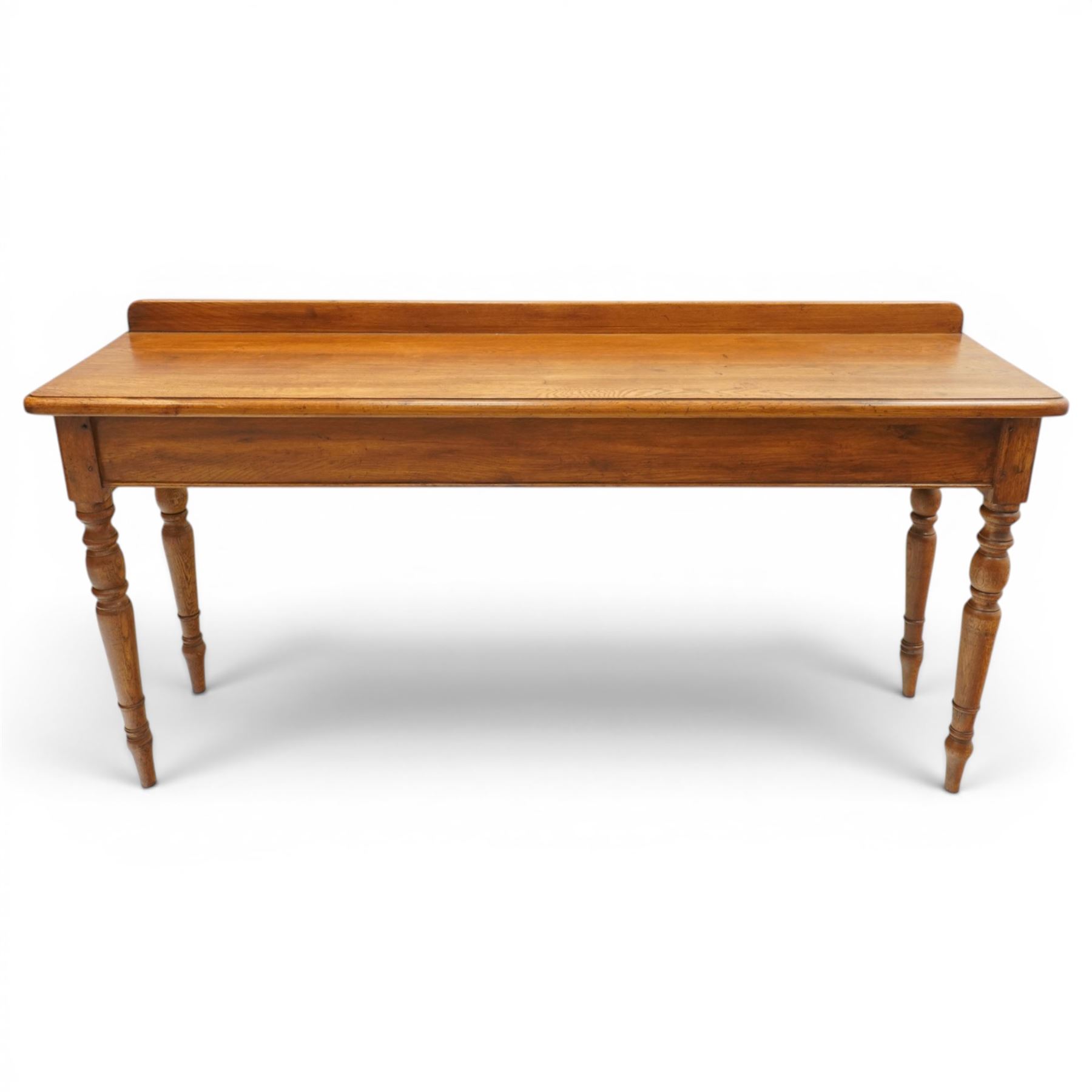 Country style oak server, rectangular top with galleried back and chamfered edges, plain frieze above turned tapering supports