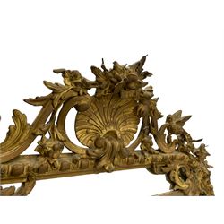 19th century giltwood and gesso pier mirror, shell cartouche pediment decorated with flower heads and scrolling foliage, two bird motifs to each side, egg and dart moulded frame with beaded inner slip, plain mirror plate, each corner mounted by scrolled acanthus leaves and cartouches