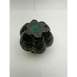 Three Austrian Art Nouveau Kralik iridescent glass vases, to include two of squat baluster form and a taller example, all green with threaded vein decoration to body, tallest H13.5cm