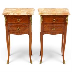 Pair of French inlaid kingwood marquetry bedsides, the shaped marble top over two drawers ...