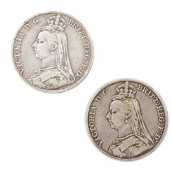 Two Queen Victoria silver one crown coins, 1889 and 1890, George III 1817 silver half crown, King George V 1935 silver half crown, and seven further coins