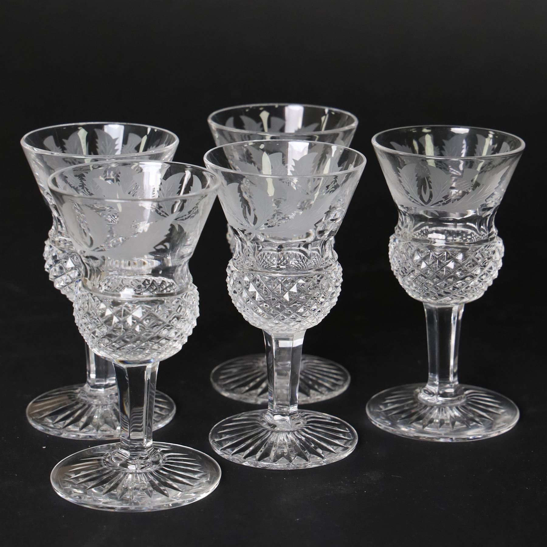 Edinburgh Crystal Thistle pattern suite of glass for ten, comprising champagne, white wine, red wine, brandy balloons, sherry, port and tumblers 