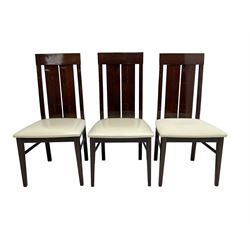 Large American walnut rectangular dining table on square block supports, together with set eight high back dining chairs with cream upholstered seats, the top and chair backs with matching inlaid geometric banding