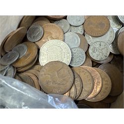 Approximately 115 grams of Great British pre-1947 silver coins, and further pre-decimal coins, housed in a miniature carved camphor wood chest
