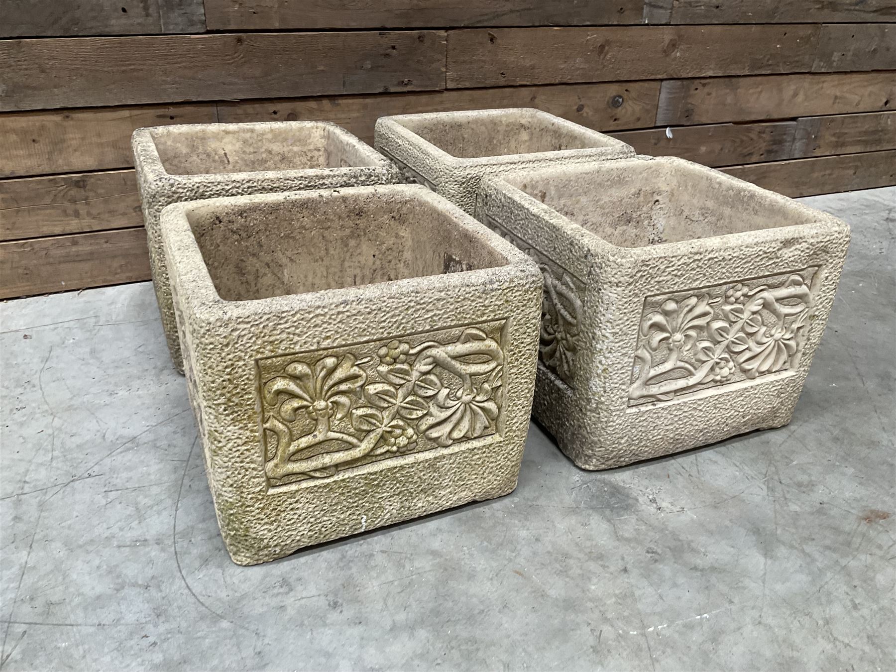 Set four Cotswold Studios Ltd square cast stone garden planters 
