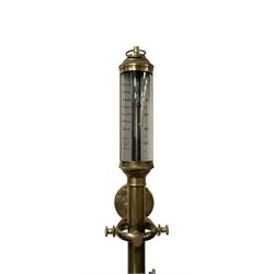 20th century - Cylindrical brass marine gimbal mounted ships barometer, fully enclosed glass tube and cistern,  engraved register indicating air pressure from 26 to 31 inches with predictions and adjustable recording vernier. With mercury.