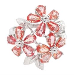 18ct white gold padparadscha sapphire flower head ring, three flower heads, each set with ...