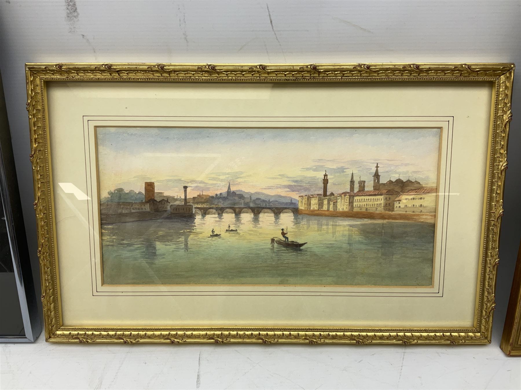 Italian school (20th century); Venetian Gondolier Scene, watercolor unsigned, together with colour print after Josepha Reynolds and black and white print of St.Hilda's Hartlepool (3)